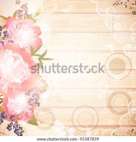 Vintage wooden background with floral decoration and lace frame