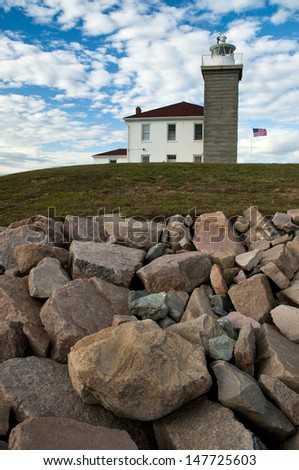 Watch Hill Lighthouse guards the rocky Rhode Island coast.