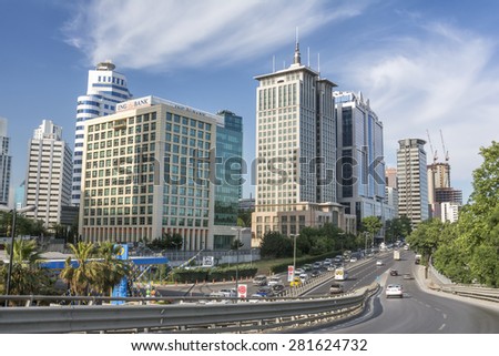 ISTANBUL,TURKEY, MAY 26, 2015: Traffic flowing in Maslak; one of the main business districts of Istanbul, located on the European side of the city.