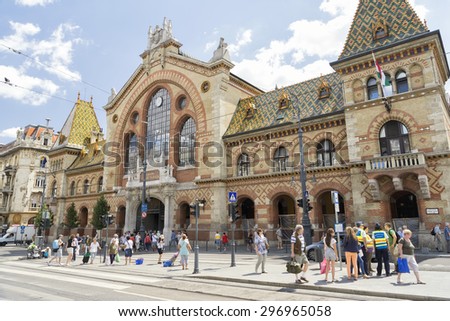 BUDAPEST, HUNGARY, JULY 10,2015: Front view of Great Market Hall of Budapest,  the largest and oldest indoor market in Budapest, Hungary, located at the end of  famous shopping street Vaci utca.