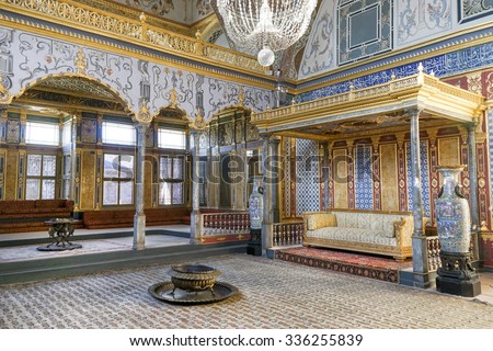 ISTANBUL,TURKEY, NOVEMBER 2,2015: Detail from throne room inside Harem section of Topkapi Palace, entertainment, weddings and exchange of Bayram felicitations took place in this hall.