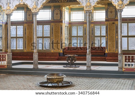 ISTANBUL,TURKEY, NOVEMBER 11,2015: Detail from throne room inside Harem section of Topkapi Palace, entertainment, weddings and exchange of Bayram felicitations took place in this hall.