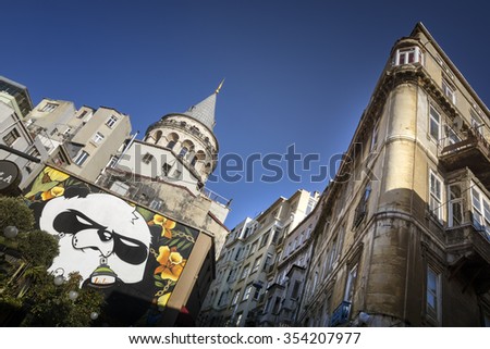 ISTANBUL,TURKEY, DECEMBER 22,2015: Exterior shot of Galata Tower and old apartment buildings at Galata District, Istanbul, Turkey.