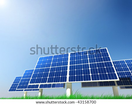 solar panels on a green grass field on a clean sky background