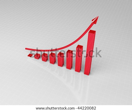 Clean large rendering of rising red graph with an arrow on reflective ground and showing positive changes