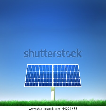 High quality image of solar panel standing in a grass field against clean blue sky with clipping path