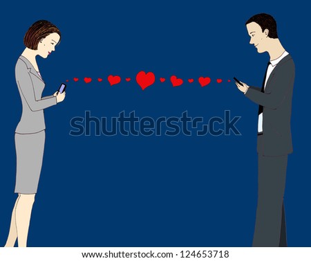 Men and woman smartly dressed texting each other though their mobiles and creating a symbolic string of hearts
