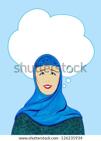 Muslim woman with an empty dream bubble above her head (space to dream)