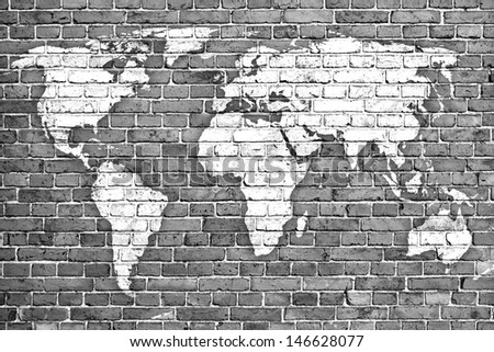 world map on old brick wall