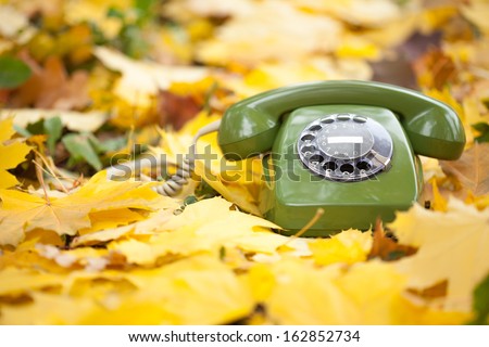 green vintage phone in yellow leaves