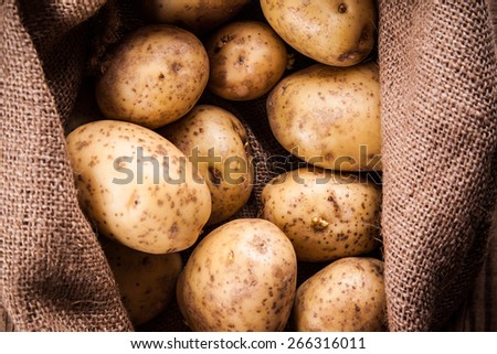 Harvest potatoes in burlap sack on wooden background
