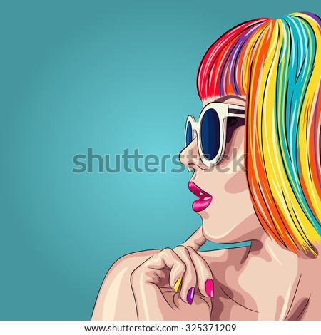 vector beautiful woman wearing colorful wig and white sunglasses. EPS
