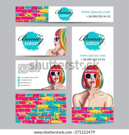vector beauty salon card with woman wearing colorful wig. EPS