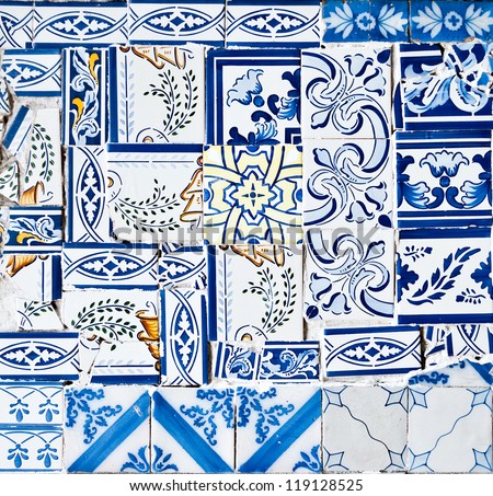 Chaotic portuguese tiles (Azulejos) at a facade in Lisbon, Portugal