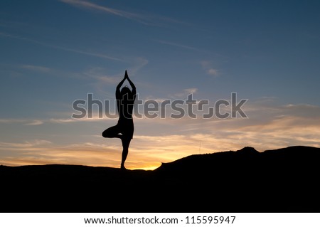 Young woman practices a sun salutation at sunset. Yoga practice and healthy lifestyle. Figure in silhouette