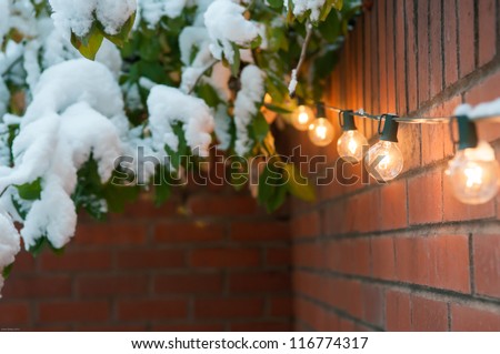 Outdoor winter lights. Snow and ice covered outside lights.