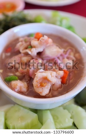 Thai Cuisine - Shrimp in chili sauce - Shrimp paste - thai hot and spicy sauce with herb and vegetables