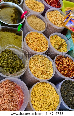 Mixed beans and dried fruits in local market at Myanmar