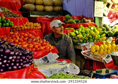 LEH, INDIA - March 23, 2012 : Fruit merchant on local market, Leh, India.