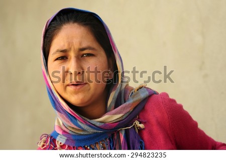 LEH, INDIA. JUNE 15, 2012 : The muslim young woman smiles at Hunder village in state of Jammu and Kashmir near India-Pakistan border , North of India