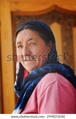 LEH, INDIA. JUNE 15, 2012 : The muslim old woman smiles at Hunder village in state of Jammu and Kashmir near India-Pakistan border , North of India