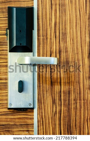 The electronic lock on a wooden door