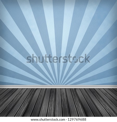 Blue rays background. Empty interior room with wood floor. Pattern gallery to the exhibition as background for your concept or project. Advertisement space. Background textured.