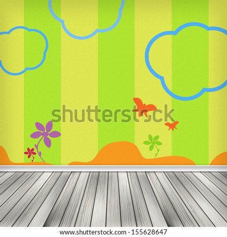 Kids Empty Interior Room Wood Floor. Pattern Gallery To The Exhibition As Background For Your Concept Or Project. Advertisement Space. Background Textured. Yellow, Green And Colorful Shapes Wallpaper.