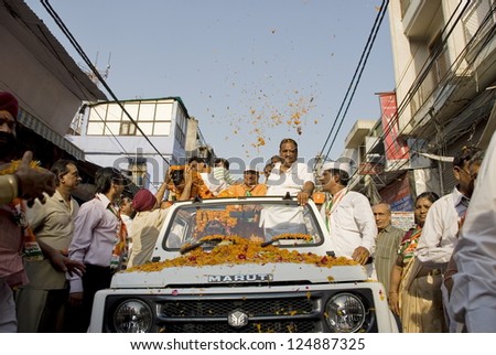 NEW DELHI, INDIA - APRIL 26: Unidentified people welcome their candidate to the Parliament of India, April 26, 2009 in New Delhi, India. India held general elections to the Parliament in spring 2009.