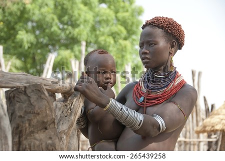 OMO VALLEY, ETHIOPIA - MARCH 15: Portrait of unidentified Karo woman on March 15, 2012, Colcho, Omo Valley, Ethiopia. Traditionally it\'s a woman who only cares her baby in Karo tribe.