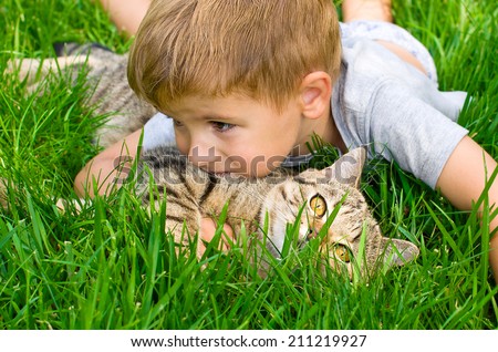 Cute boy with a kitten hugging lying in the grass