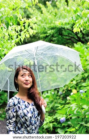 Japanese women are an umbrella in nature on a rainy day