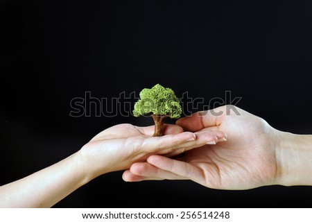 Green trees and human hand