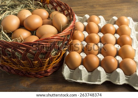 eggs in the basket and tray for storage on the table