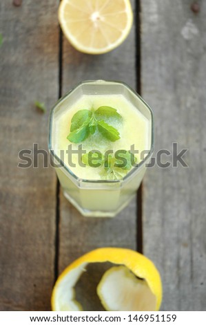 close-up of glass of lemonade with mint, and cut lemon and lemon peel in background