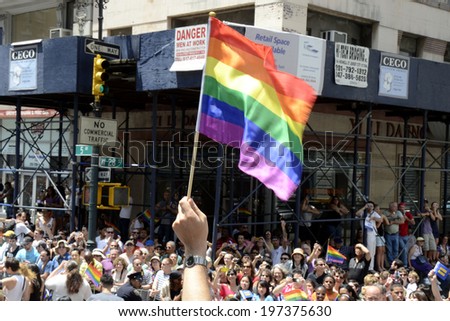 NEW YORK CITY - JUNE 26: The symbolic pride flag in motion at the annual NYC LGBT Gay Pride March in Manhattan on June 26, 2011.
