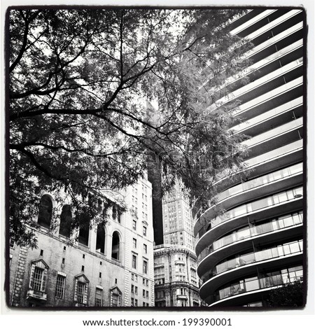 Buildings around Central Park in New York City. Black and white Instagram filter used.