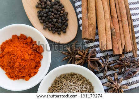 Various spices; cinnamon stick, chillies powder, black pepper, clove flower and cumin seeds