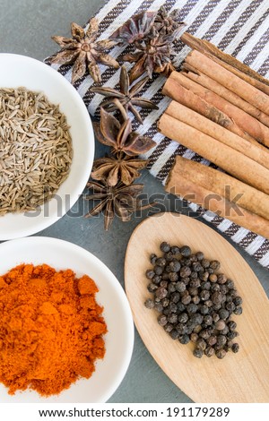 Various spices; cinnamon stick, chillies powder, black pepper, clove flower and cumin seeds