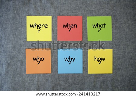 Problem Solving Tools Concept - Question Where?, Who?, When?, What?, Why? and How? on color stick note.
