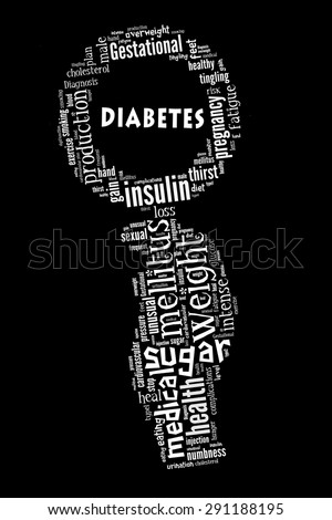 Diabetes conceptual presented in word cloud. Figure of hand holding magnifying glass