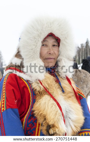 Tarko-Sale, Russia - March 28, 2015: Portrait of a woman in national clothes for the holiday \