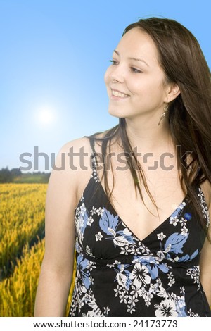 medium shot of beautiful girl in Wheat field