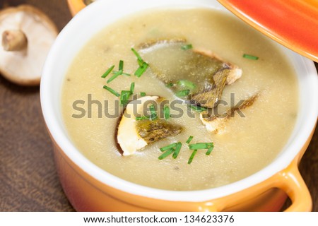 Creamy mushroom soup.  Mushroom soup with a couple of sliced mushrooms on top, garnished with herbs