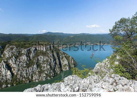 The Danube Gorges Veliki Kazan seen from the Serbian side with a floating ship