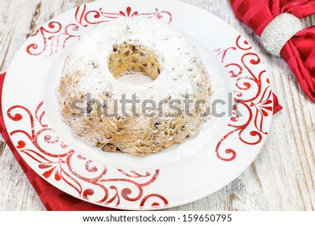 Traditional Christmas cake with raisins, Viewed from above. Shallow Dof