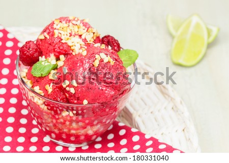 Ice cream. Raspberry and lime ice cream  Macro, selective focus