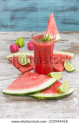 Watermelon with mint  and  lime juice. Healthy organic watermelon snack. Wooden background.