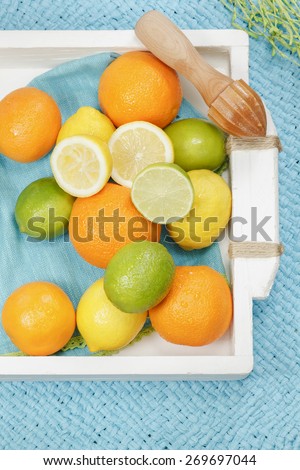 Citrus fruits. Various types of citrus fruit and wooden citrus squeezer on white vintage tray, blue background. Macro, selective focus