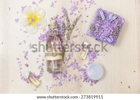 Lavender Beauty Products. Various lavender  beauty products on the wooden board.